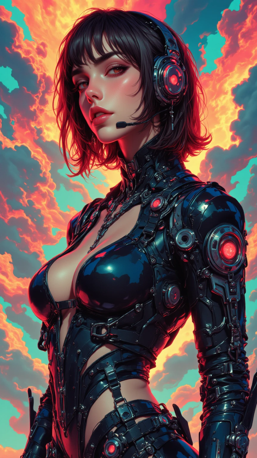 Retro graphics Rated R, nsfw, sexy female cyborg, magazine cover, poster art , Lovecraftian horror theme, bold huge text, surrealism design layout.