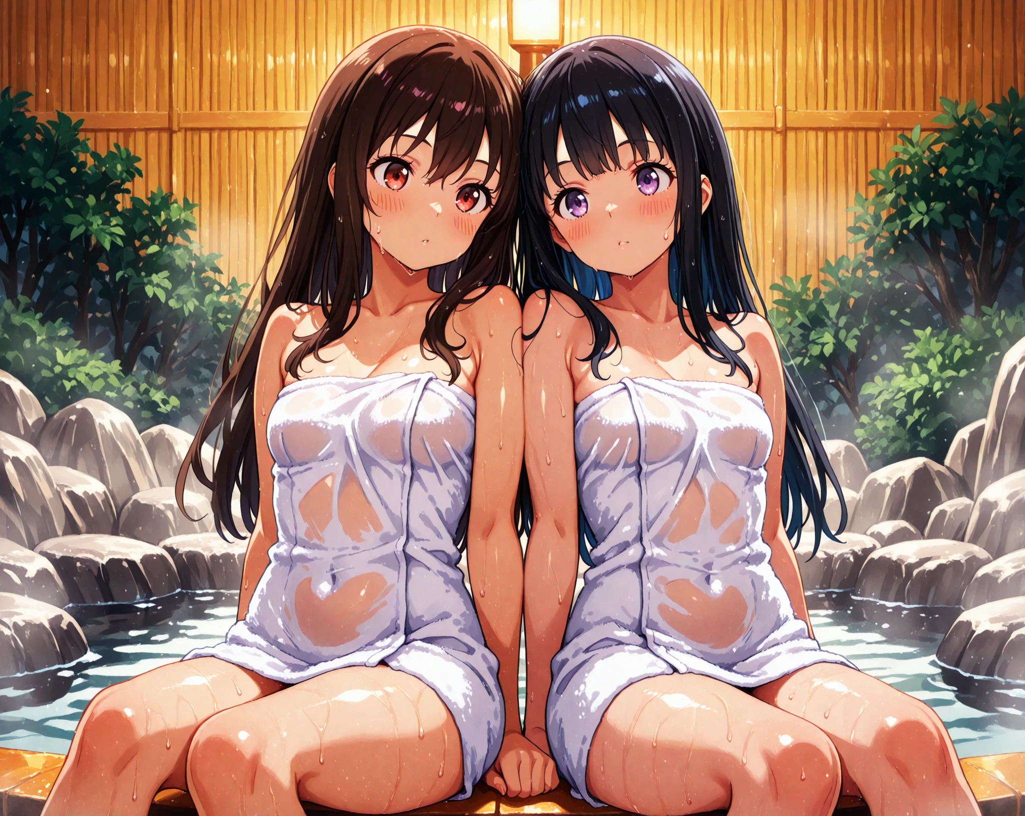 (top-quality、​masterpiece、very high res、An ultra-high picture quality、High quality pixels)、(She is a mysterious and bewitching woman, And she is 18 years old,1 person,Single,独奏:1.5)、(She is a very beautiful woman with a beautiful face)、(Beautiful face written in detail,Beautiful body,Strong-willed eyes,Purple eyes,Beautiful colored hair,Beautiful skin texture)、(Beautiful hair quality,Variety of hairstyles)、(She has a slender figure and her breasts are D cups)、(Bewitching look,lovely smile,Smile, Open mouth,),(fullnude,nudde,unwear,Have pubic hair,out:1.5),(Openair Onsen,Beautiful hot springs,bathing),(modelshoot,Magazine shooting,Hair flutters under the influence of the wind),The wind is blowing、Beautiful Art Style, an animated character、(The whole picture、Detailed picture、accurate anatomy、Defect-free images、extremely detailed picture、Accurate images、Perfect Image 1.5)、(Best Shot Photo 1.2)