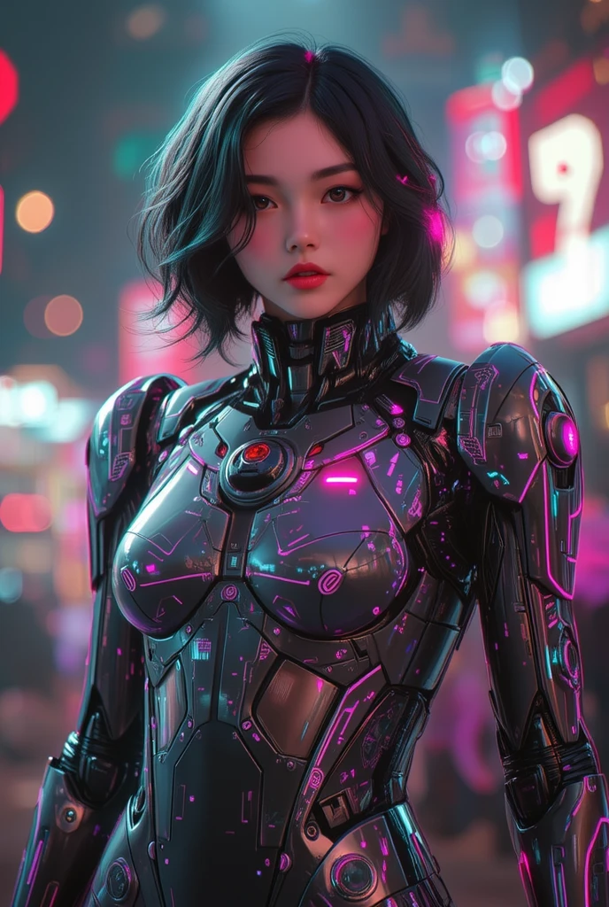 photo-realistic, ultra-realistic, very beautiful Japanese futuristic soldier, famous Japanese idol, 25 years old, dramatic scene, masterpiece, beautiful eyes, roller skating On the nasa's giant parabolic antenna, (cyber punk glossy intricated complex mecha hard armor suits with neon sign), acrobatic pose, dynamic angle, dangerous place, (face focus),