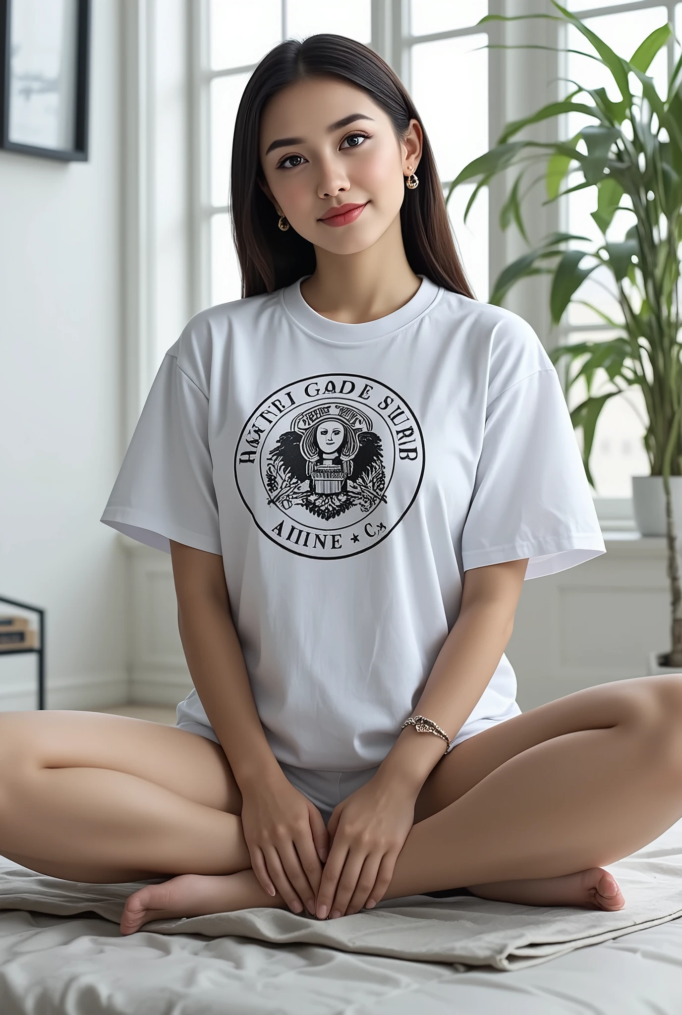 very accurate anatomy, ((a beautiful naked woman wearing a too large white T-shirt:1.5)), sense of openness, high resolution, 32K, masterpiece, realistic, hyper detailed, Decrease Volume, High precision in selection, Smooth Light, OFFICIAL ART, deep border drawing, Bright light, detailed face, Be bold, ((smile shyly:1.0)), beautiful detailed eyes, real textured moist skin, straight hair, show teeth and laugh, lender body, (sensual:1.5), toned thighs, beautiful belly, sensual model posing,