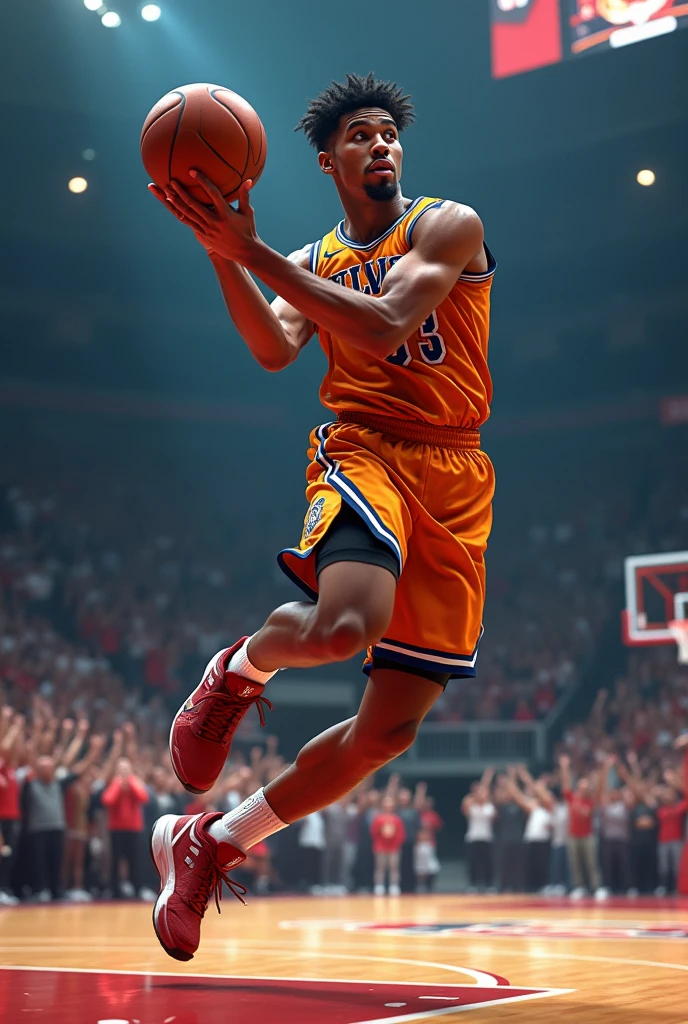 22-year-old guy with brown skin, curly hair, brown eyes wearing a basketball jersey in a mansion.