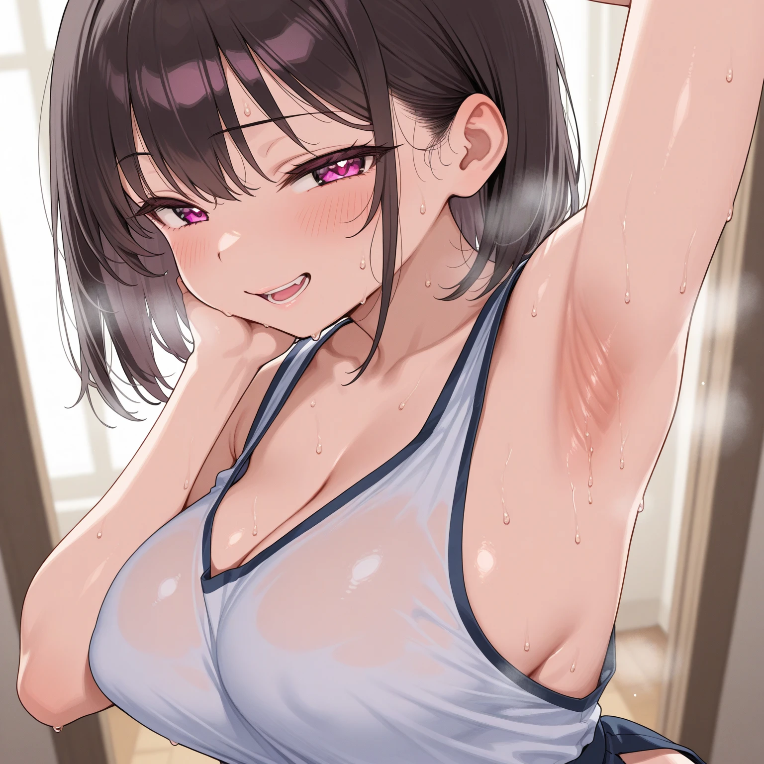 Kasumi Toyama, Band Dream!, (Married Woman:1.3), (Mature Woman:1.6), (Happy smile:1.3), Peace of mind, peace of mind, Trance,Purple eyes, (Absurd, 8k, 4K, Tabletop, Extremely detailed:1.2), Highest quality, Perfect Anatomy ,Perfect Face, Heart-shaped pupils, Being spoiled, looks happy, Acme, Masterpiece Nipples, Black pubic hair, Erect nipples, (Sweaty:1.6) (Firm and huge breasts:1.5), Exposed shoulders, nsfw, (oiled skin:1.5), (Alley:1.5), condom, Dildo, (Black leg tights:1.1), (watch:1.1), choker, Earrings, necklace, (Small camisole:1.6), (Short shorts:1.5)