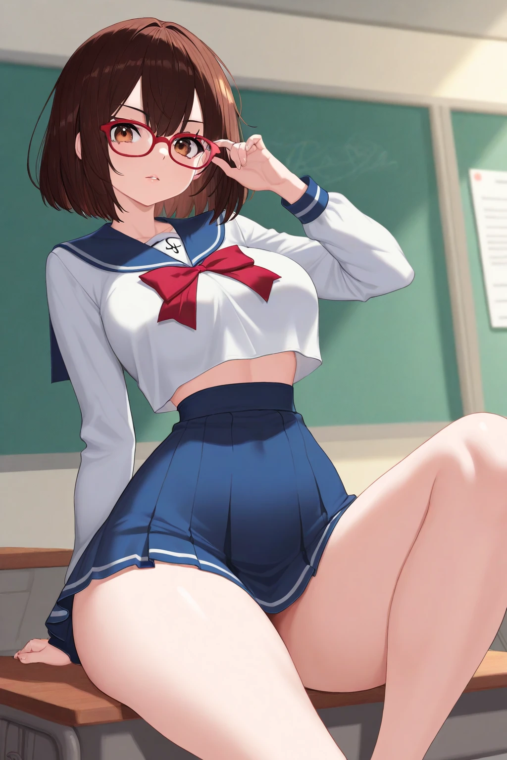 sexy pose there is a woman in a Short skirt and a shirt posing, high socks, a Surreal , Surreal , real high school girl, photorealistic rendering of anime girl, Realistic whole body, sakimichan hdri, figura completa Surrealista, photorealistic perfect body, pose casual, seductive anime girl, soft anime cg art, from girls frontline anime girl perfect body in a very Short skirt and a bow tie posing, a Surreal , real high school girl, Surreal , short full length portrait!, anime full body illustration, April rendering, The tenacity of the blue reflection, wearing a skirt, wearing a skirt, cute 3d anime girl rendering, full body illustration, Hugeなchest, super Short skirt, a shy girl, wearing glasses, dark red hair, panties, mini skirt, Short skirt, very Short skirt, split button, Thick, Masterpiece of sexy pose,of the highest quality,best illustrations,Very detailed,1 girl,alone,,attractive,blush, Huge chest,short hair, dark red hair, Big,((Huge_chest))),