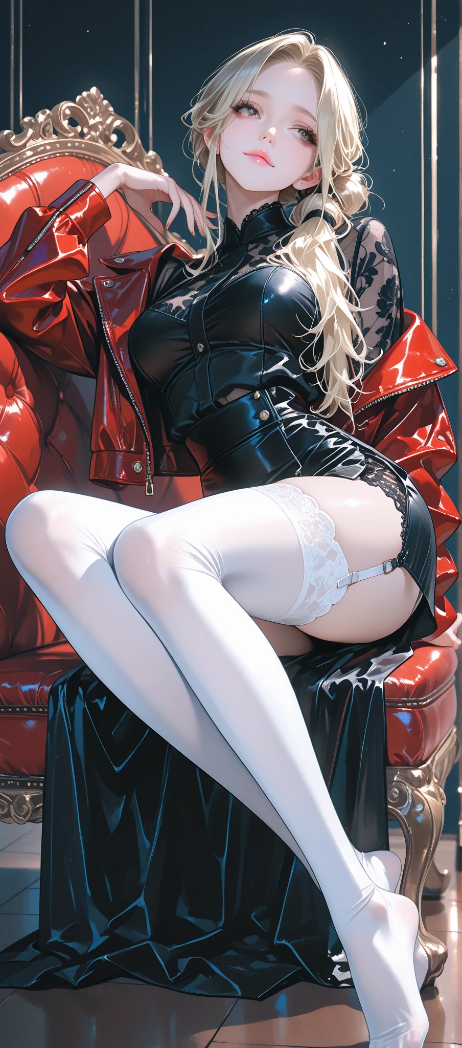 A pale beauty sits demurely on a shiny black tile floor, surrounded by suited gentlemen. Her beige hair falls in soft waves around her heart-shaped face. A cream-colored blouse hangs loose, its folds spilling over her knees like a gentle waterfall. Dark red latex stockings and gloves stretch taut against her legs, the reflective sheen drawing attention to her slender frame. Black stilettos elongate her legs, making her appear statuesque. The men standing around her wear elegant red dress shoes, their eyes fixed on her as she sits serenely, her stuffed legs a subtle nod to her vulnerability.