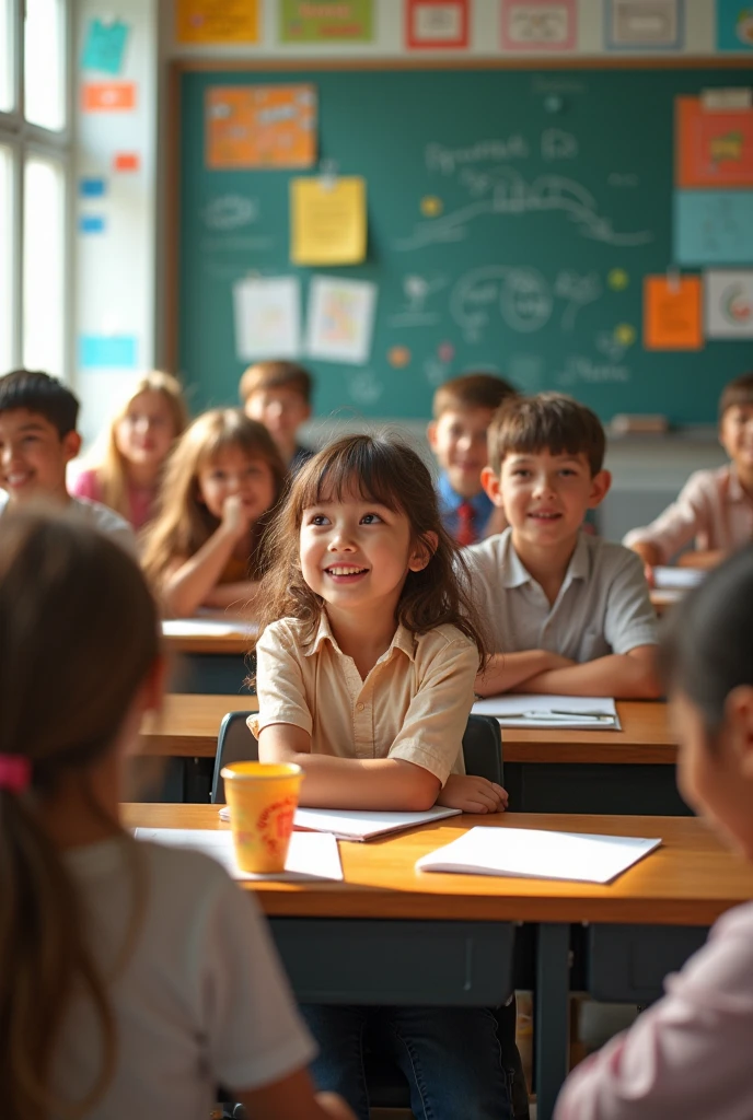There is a small child in the class, that child is laughing, the child is smiling and standing in front of the bench, there are many friends on the side and in the background, there is a complete view of the classroom and the color is warm in color, it is realistic.