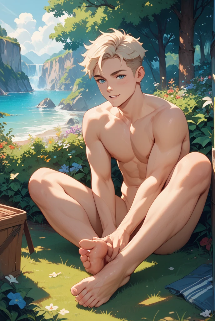 white hair boy, blue eyes with muscular body,sexy, using, short blanco, barefoot, sitting on a bench