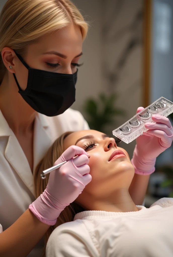 a woman with skin out of fish scales ,a surprised and amused facial expression as a beauty doctor does a treatment on her. The humorous staging emphasizes the absurdity of the situation in an entertaining way.