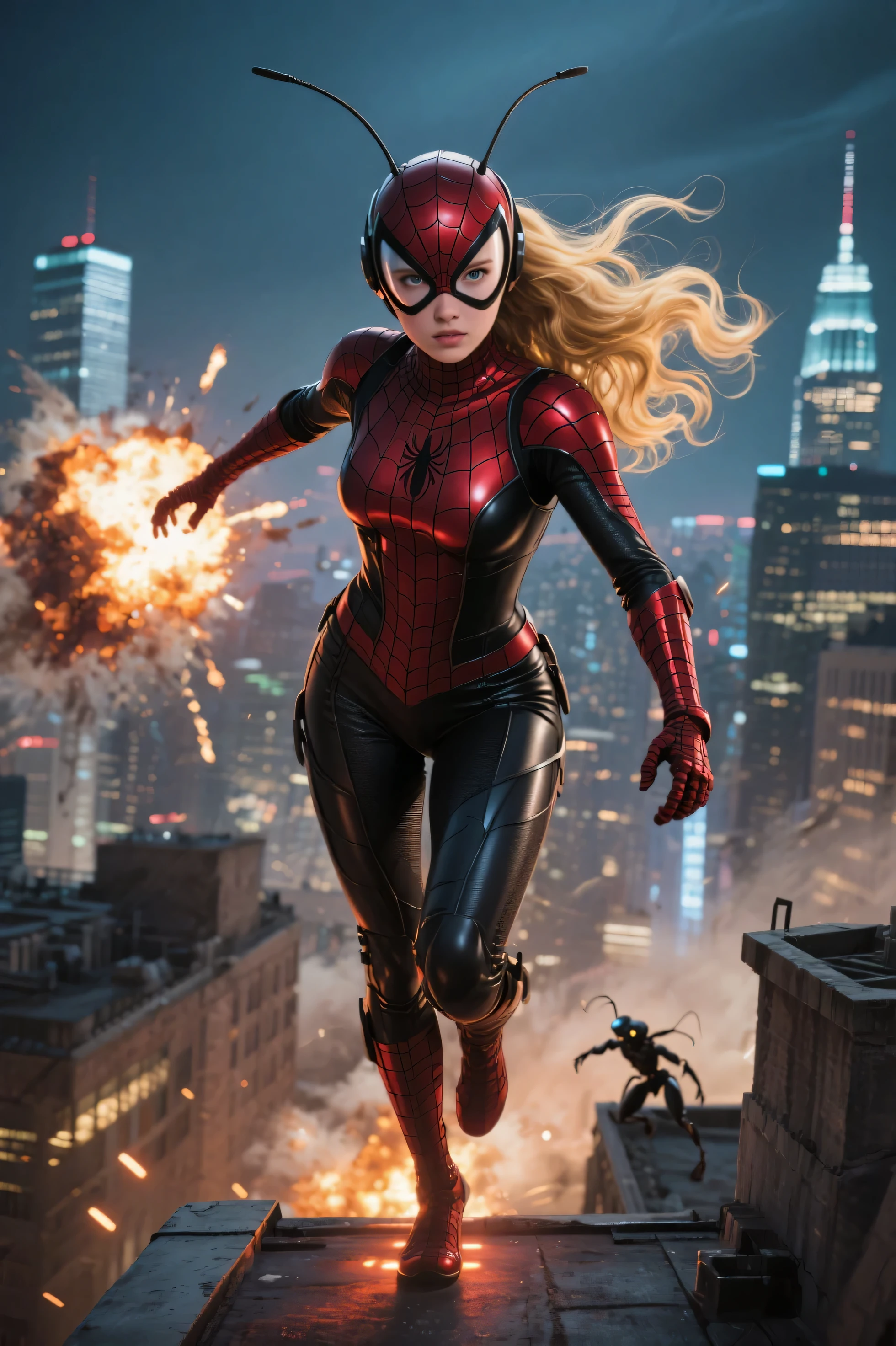 A hyper-realistic photo of a beautiful 20-year-old fair-skinned girl with long, wavy blonde hair, wearing a sleek, form-fitting ant-inspired superhero costume. The suit is dark metallic red and black, textured like insect armor, with elegant segmented lines that highlight her graceful curves and athletic figure. Her large, expressive eyes and radiant features are framed by her flowing golden hair, partially tucked behind a sleek helmet with subtle antenna-like elements. She stands in a dynamic pose atop a high rooftop, with a futuristic cityscape behind her, lights glowing beneath her feet. The scene is filled with energy and motion, like a moment frozen in an epic Hollywood action film inspired by Spider-Man — bold, dramatic, and visually thrilling. Explosions in the distance, wind whipping through her hair, as she prepares to leap into battle against a hidden enemy below.