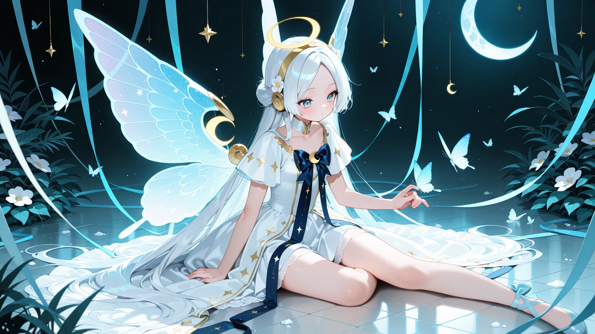 le malin holding a flower in Garden, sun shining detailed eyes, detailed face, whithe _dress,  solo, double bun, blue eyes, very long hair, hair bun, angel_wings, white_legwear, bright at night, volumetric lighting, flat lighting, photo, oil painting, beautiful, extremely detailed, HD, white dress clothing cutout white pantyhose skirt bow wrist cuffs frills wings