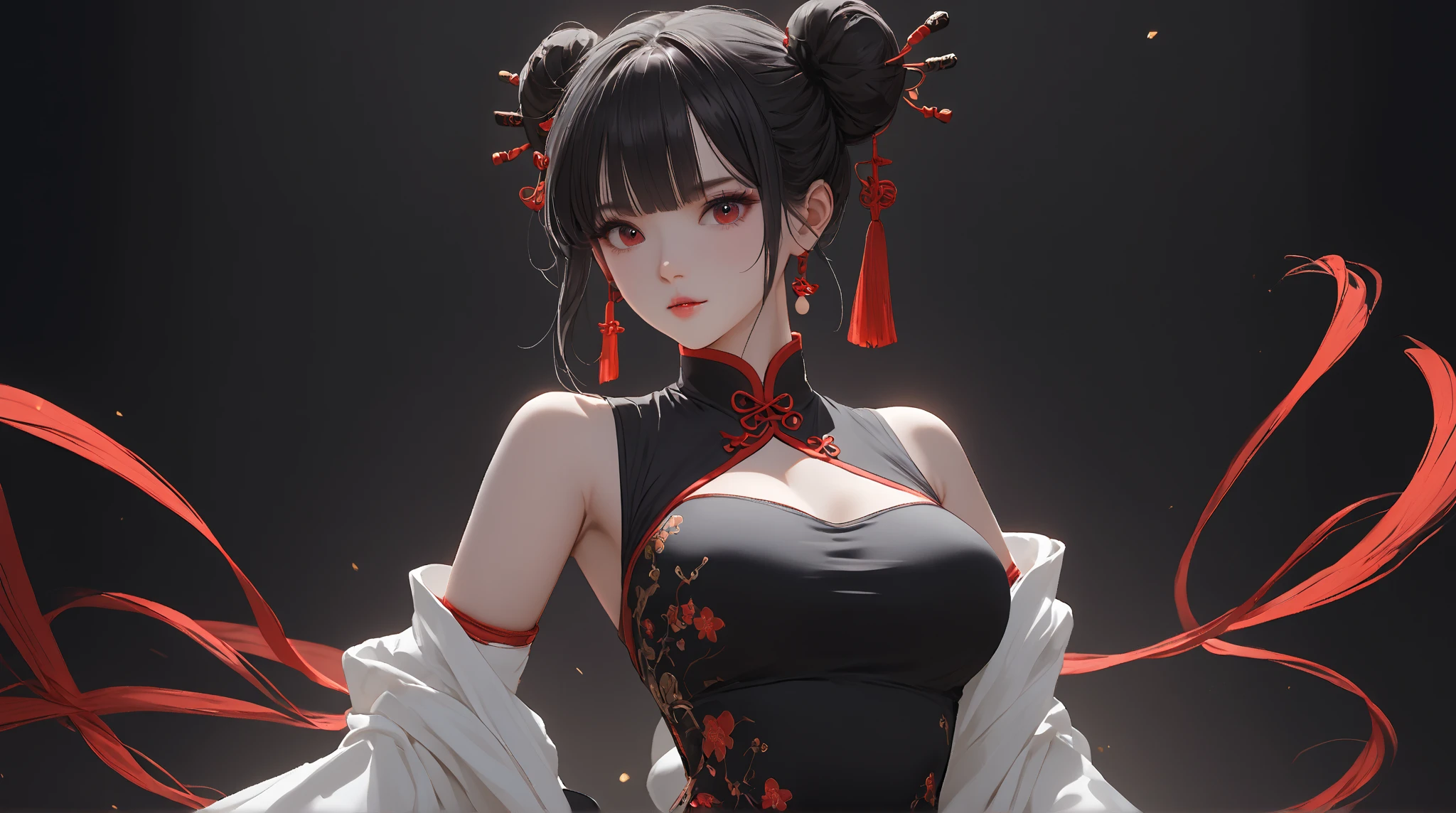 4K, A high resolution, Best quality at best, masterpiece, perfect colors, perfect shadow, perfect litthing, ((sportrait)), 1woman, fit-muscled body, bright yellow eyes,dark blue hair , blue eyes, With round lenses, The audience watched carefully, (s face: 1.2), Perfect female figure, ((standing)), ( beautiful red chinese dress-clad woman stands in the half-light, her cleavage accentuated by the sharp focus of the camera. The modern red chinese dress, adorned with intricate patterns), ((shy and looking at viewert)), (Perfect thick white eyebrows) Delicate fur, 详细s face, s the perfect face, chinese cyber punk background, lighting atmosphere, ((Bonifasko lighting)), (The round lenses on his eyes)(詳細な目), Perfect student, face close up