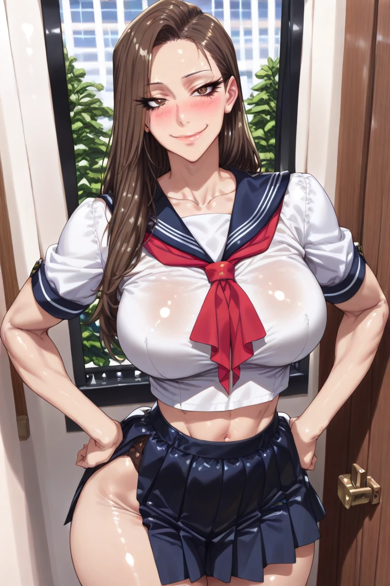 (8k, RAW photo, best quality, masterpiece, soft cinematic lighting, soft color:1.4),(ceiling, iook at camera,under focus:1.2), (realistic), (indoor background), (solo, mature woman,19years old:1.3), (sailor uniform,underboob:1.3), (embarrassed,red Cheeks:1.2), party chignon bronze color hair, clean skin, (smaller butt:0.9),(huge long wide heavy breasts:1.3), (thick, curvy:1.3),(very skinny:1.3)