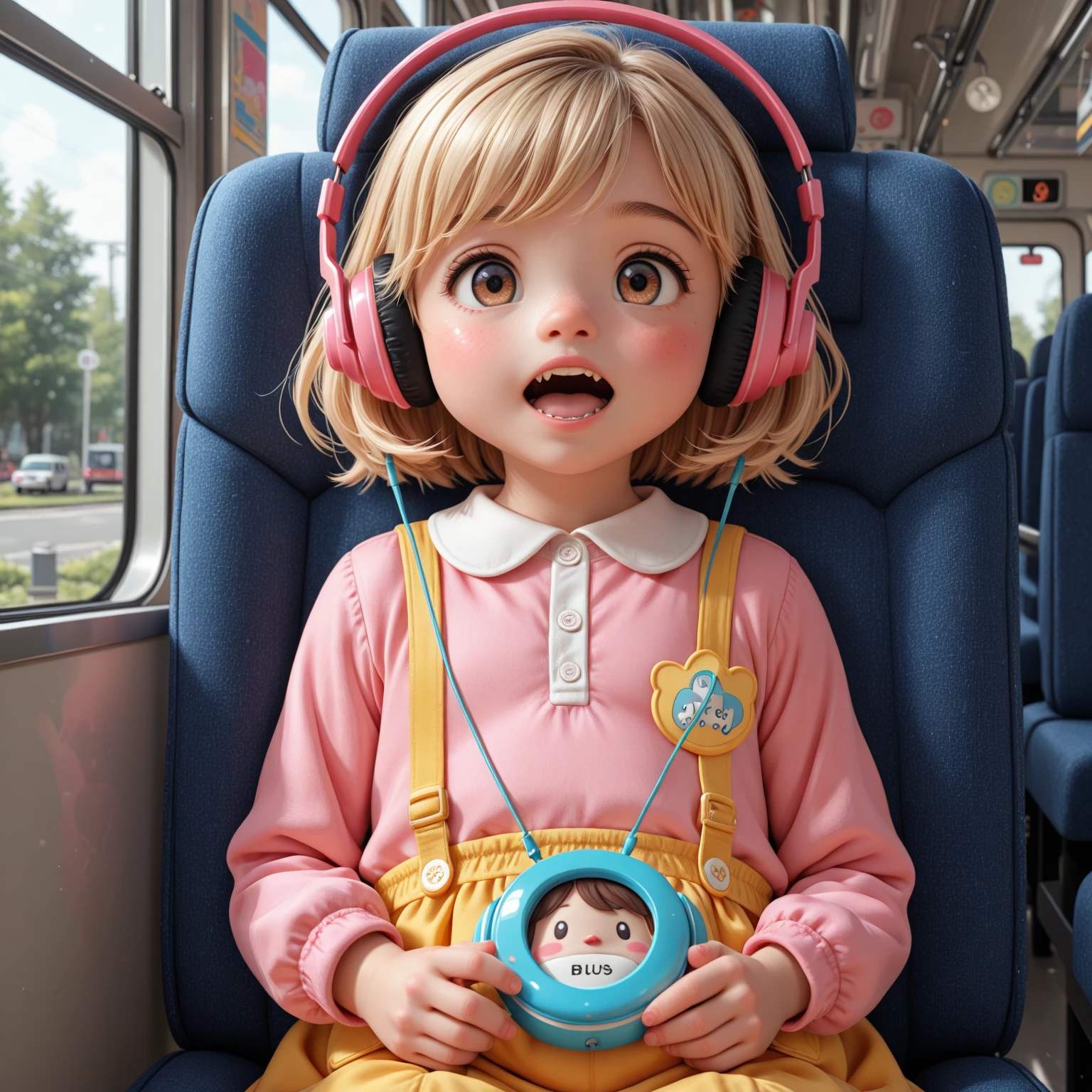 A little girl on a plane,Eating chocolate,The scene is a bit gloomy