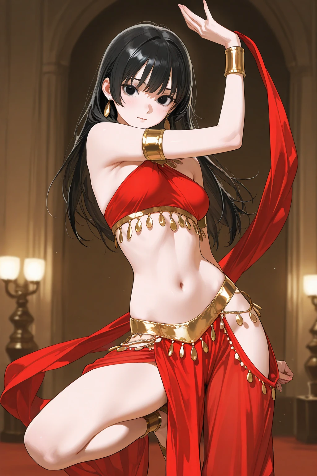 (masterpiece, flawless quality:1.2), red belly dancer outfit, cowboy shot, dancer, smiling, slim, medium bust, looking at viewer, stage, cleavage, very long silky ponytail, brown hair, red eyes, medieval era, posing, ancient, accessories, teenager, flowing, dust particles, bloom, indoors