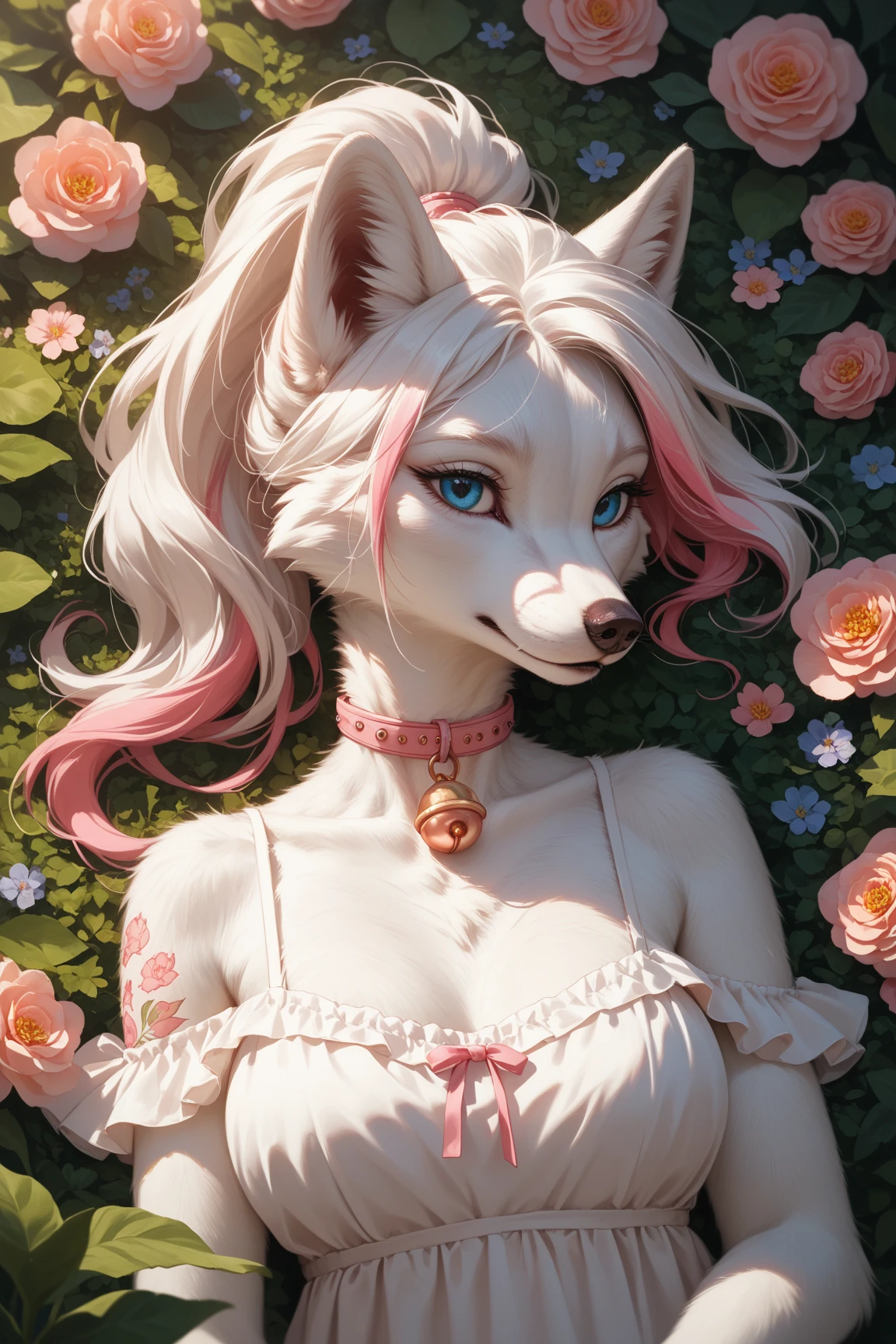 Fluffy female beautiful Arctic wolf with long white hair, eyelashes and Cclaws