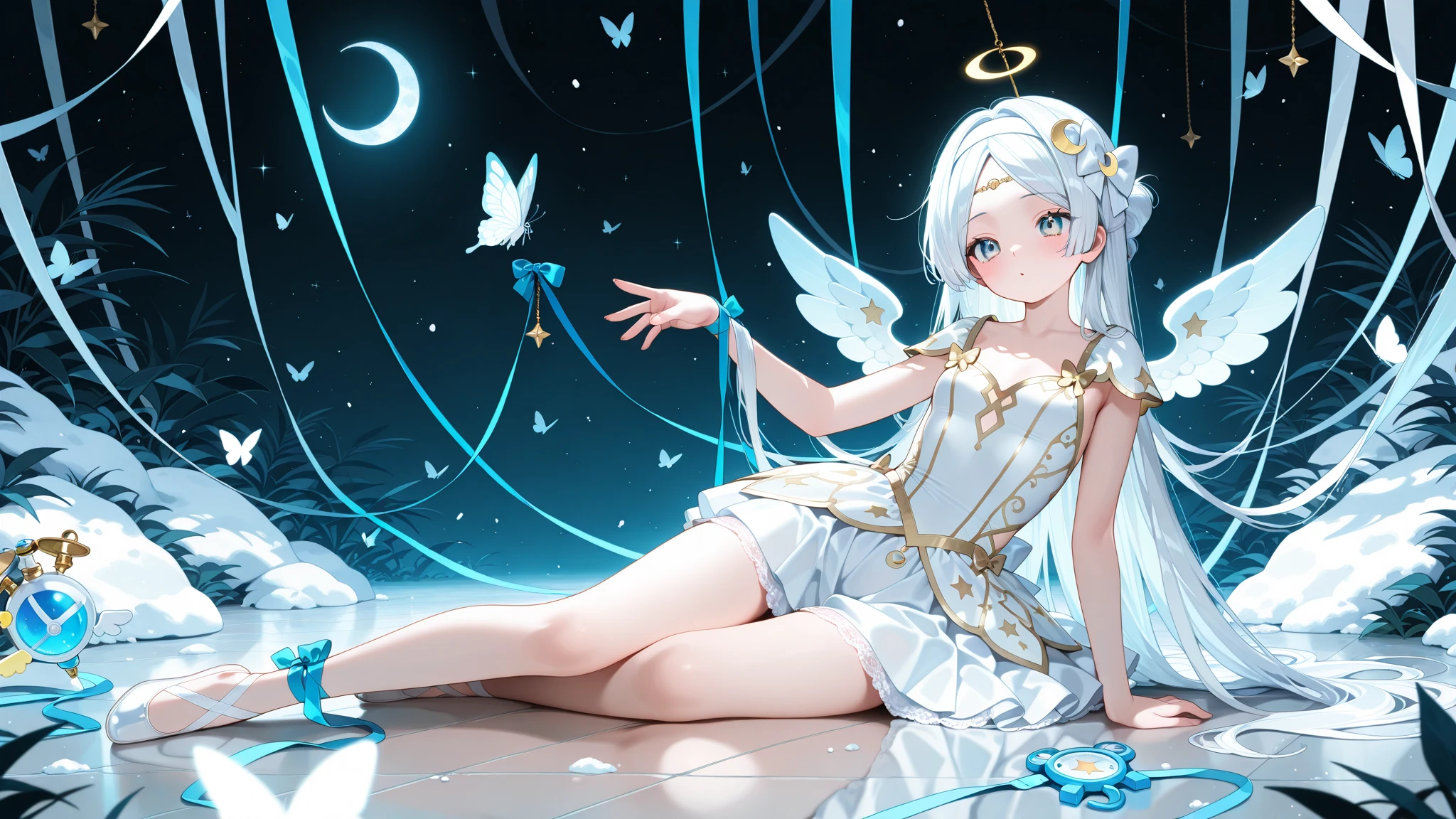 Highest quality,Original,Independent,A girl,Thin, Lightblue eyes,Curly hair, Princessroll,Smile,White princess skirt,Pentagram earrings,Bracelet, Wear awreath on the head, Magic wand ,Barefoot,Combat posture,Ruinedremains,Surreal, real, Whole bodyLens halo, The edges areilluminated,Background virtualWinter, It snows