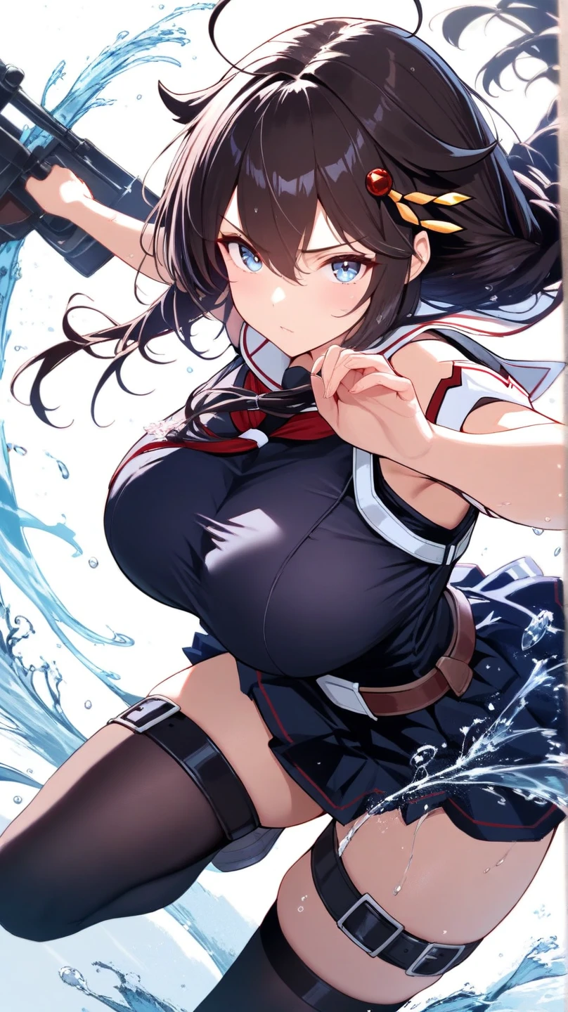 (obra de arte), kouhai, Melhor qualidade, olhos expressivos, rosto perfeito, a girl is in a posture pose, your feet positioned far apart. It's a slow motion shot of her swinging her sword towards the viewer, her eyes are full of fury as she swings her sword, manga style, linhas de movimento, Katana, cabelo vermelho, olhos vermelhos,