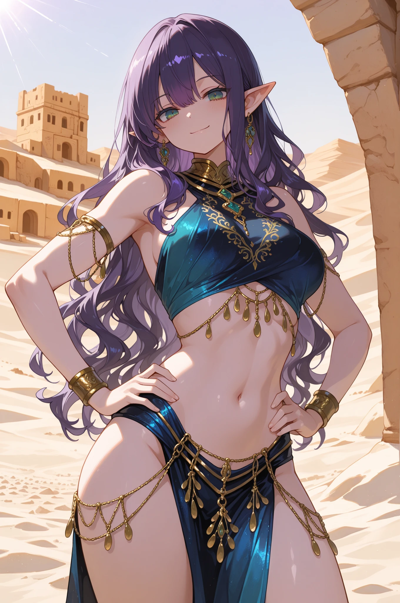 high quality, ultra detailed, best quality, insanely detailed, beautiful, masterpiece, 1girl, medieval plaza, cowboy shot, red eyes, long hair, purple hair, belly dancer, circlet, earrings, armlets, bracelets, bashful smile, large breasts, cleavage, soft stomach