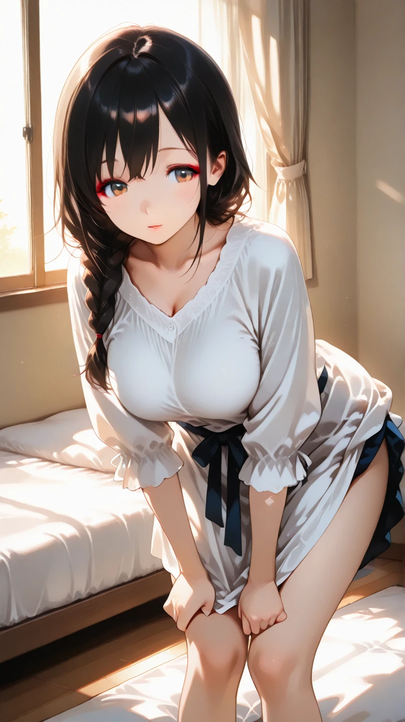 masutepiece,Best Quality,High resolution,Fine details,Solo,Adult Woman,blush,Curve,Large breasts,Oily skin,(Wet white cheongsam、gorgeous embroidery),Luxury hotel beds、Dark brown longhair、Shy laughter、Stockings、Puffy hips、Puffy nipple、lyin in bed、Red lace panties、Open knees