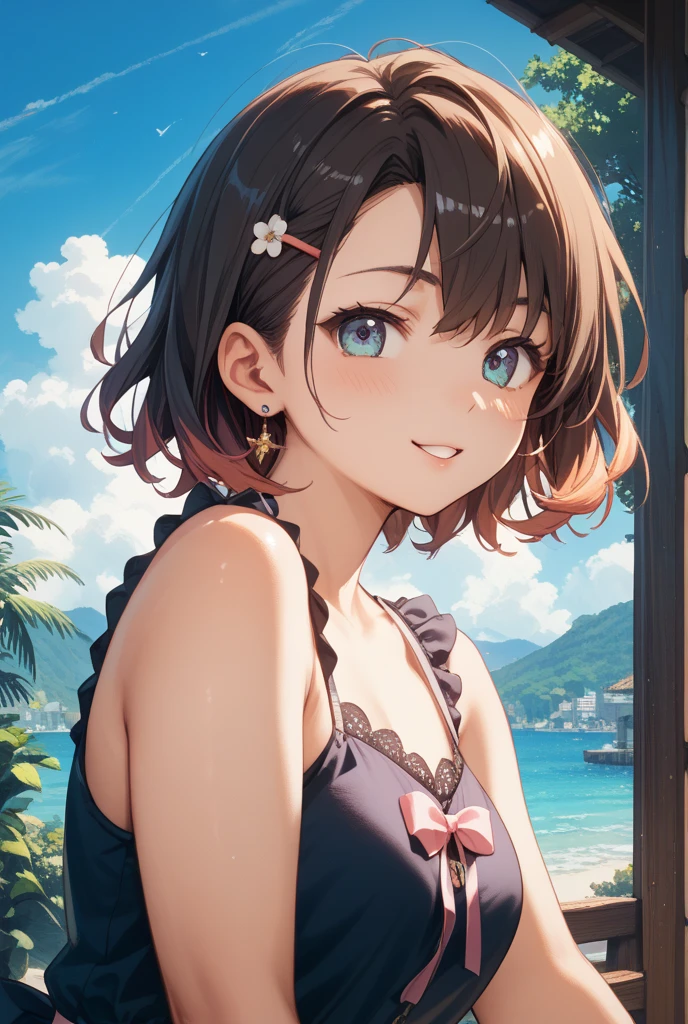 high picture quality、beste-Qualit、Detailed drawing、Does not blush cheeks、Slender beauty、Adults、{Sailorsk swimsuit}、{knee high}、Niso、Small eyes、Small breasts、Jump cheerfully、contrast、very short hair
