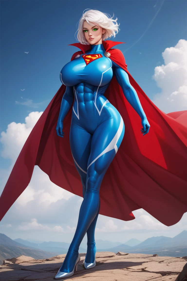 ((masterpiece)),(((best quality))),((character design sheet)), ((full body view)) illustration,(female superhero), muscular, ((blue bodysuit:1.5)), superhero, (dark brown hair:1.2), (red cape:1.5) ((detailed face:1.4)) beautiful woman, (small head:1.2) ((gigantic breasts:1.6)) (((red boots:1.4)))(messy hair:1.4), (((buzzcut:1.4))), shiny skin, (yellow logo on chest:1.4)(puffy lips:1.5), (wide hips:1.3), hip dips, detailed lips, (((red gloves:1.4))) rough sketches, pose, 8k,16k, (simple background, white background: 1.3)