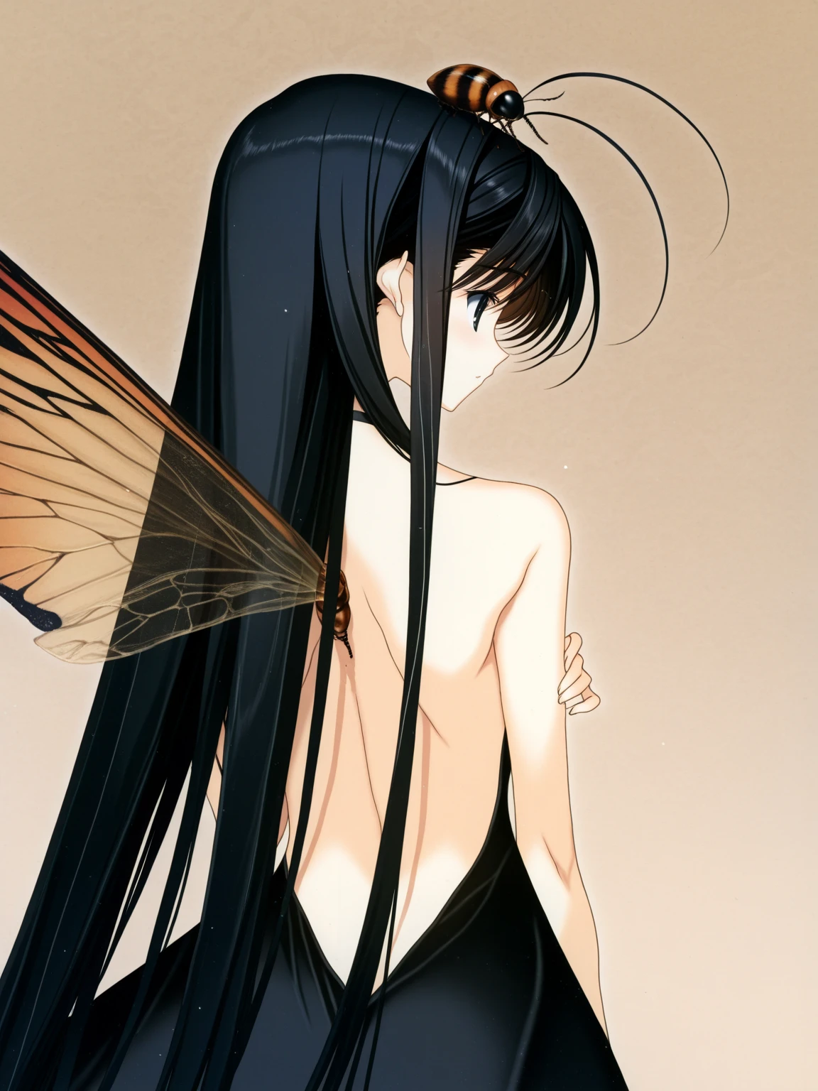 Prone position, front view, from front, looking at viewer, cleavage, squeezed breasts, bare shoulders, falling dress, sleeveless, black hair, bright yellow eyes, high contrast