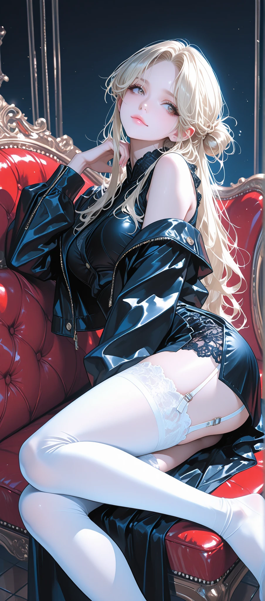 Full body, fetal position, sleeping on bed in the bedroom, high heels, ((Stunning Artwork)), high quality, slave drow female, slave dark elf, slave white elf, kissing each others