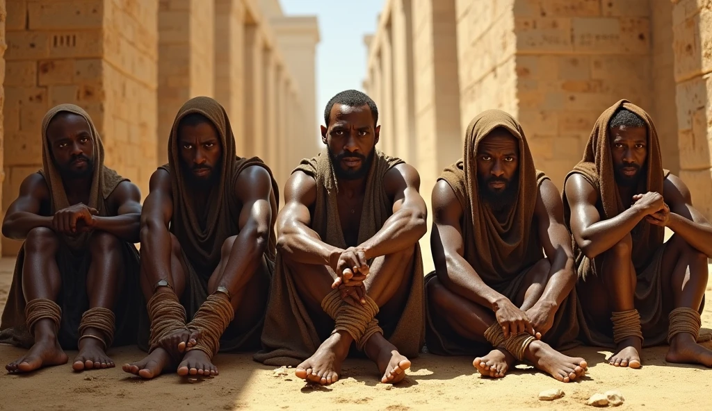 Five half-naked African slaves tied with a rope, descendant un escalier, tristesse dans les yeux, Whole naked body chained with wrought iron chains, no clothe, pas de coiffe, cheveux noirs, Dynamic scene from the movie Amistad, looking at the 50mm camera, Realistic photo HD, Diffuse light, Rebel Republic Environment, , hyper detailed, Whole size, Plusieurs hommes et femmes esclaves debout, loin cloth, esclaves, Himba, corps entiers, all are chained, chaines en fer, Hands tied with a large rope, Homme africain, Enslaved humans, Screenshot of movie 300, Samuel Jackson, africain, The man has black skin, Scene from the movie Amistad, dark-skinned, pagne