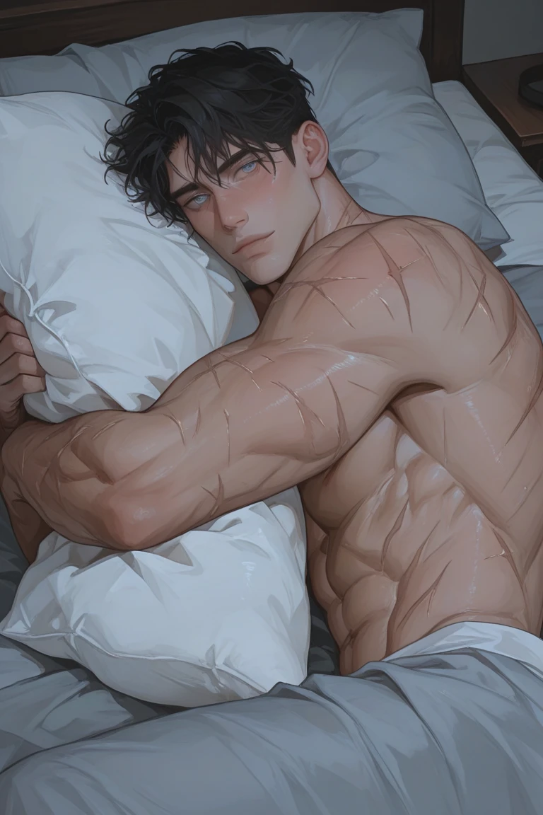(Handsome:1.1)(man),(underwear:1.3),(shirtless;1.1),(laying in bed),(top view)(Expression of ecstasy/orgasmic), (high resolution,overwhelmingly pixel-perfect,luxurious illustration), (Ultra Quality, Masterpiece, Ethereal:1.4)(massive Erect outline Bulge in pants)