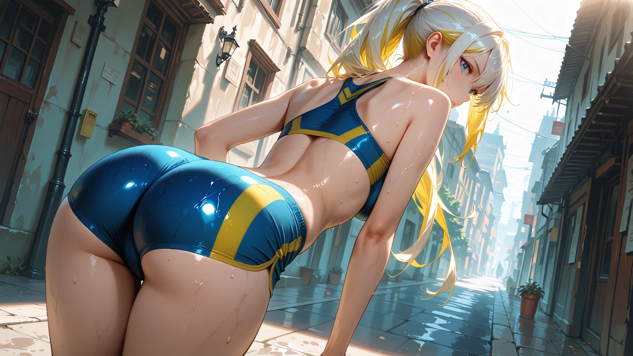 Absurd, Super detailedな,(In 8K:1.3),Masseter muscle area,(masterpiece:1.2)、(Highest quality)、4K、Super detailed、(Movement Structure:1.4)、(Shining Lights、Atmosphere lighting), High resolution, Best Quality、(One girl:1.4),Super detailedな,Bright colors、Treebreak Production Art、(Warm color light source:1.2),High-level image quality、Fine image quality、Intricate details,Volumetric Lighting,Realism BREAK、Profile、 Idol face、15 years old、Very beautiful face and eyes, Beautiful images、 natural make up、puffy eyes、catchlight eyes、deep detailed eyes、 (Big Tits:1.2)、(glossy skin :1.5),(curvy body:1.2)、 (Be embarrassed:1.4), (blonde hair、blunt bangs、twintails、wet hair), (Be embarrassed:1.4), Dark navy eye color. (A school swimsuit with a vivid texture:1.3), (super wet skin:1.2) 、(Breast bag)、 (white background),(Baby Face:1.5)、(looking back:1.4)