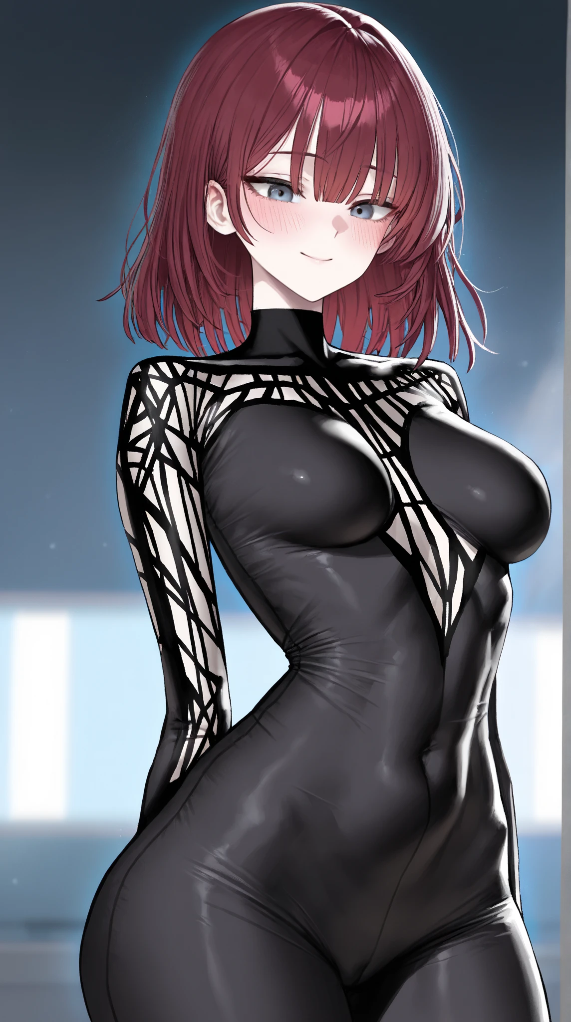 (masterpiece), Ichika Nakano, 1girl, solo, smile, blue eyes, short pink hair with bangs, seated, hood, lips, looking sideways, bodysuit, asymmetrical hair, animation, superhero, silk, spider web, spider web print, ballet slippers, hooded bodysuit,