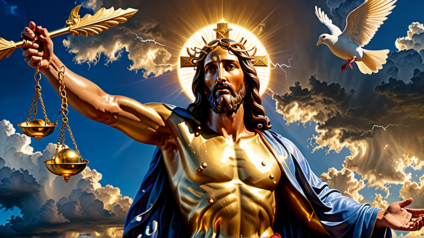 Jesus of Nazareth gigantic wrapped in a white mantle emerging from the waters of the ocean in front of a vortex, Magical portal in the illuminated sky, cruzando las aguas sobre el mar, con olas gigantescas, enormes, (obra maestra, alta calidad), hiperrealismo, Estilo Caravaggio, 8k Renaissance oil painting masterpiece, El nacimiento de Venus (1879) por William-Adolphe Bouguereau estilo, Baroque aesthetics, Venus de Botticelli, Denonios and the Angels, Estilo de arte renacentista. (estilo: el_Rap_de_el_Hijas_de_Leucipo_de_Pedro_Paul_Rubens.),(estilo: Godfrey_Kneller_en_1689.),High resolution,pictorial, Estilo barroco, claroscuro, dynamic composition, Dramatic lighting, colores ricos, Textura detallada, divine expression, escena religiosa, escena flotante