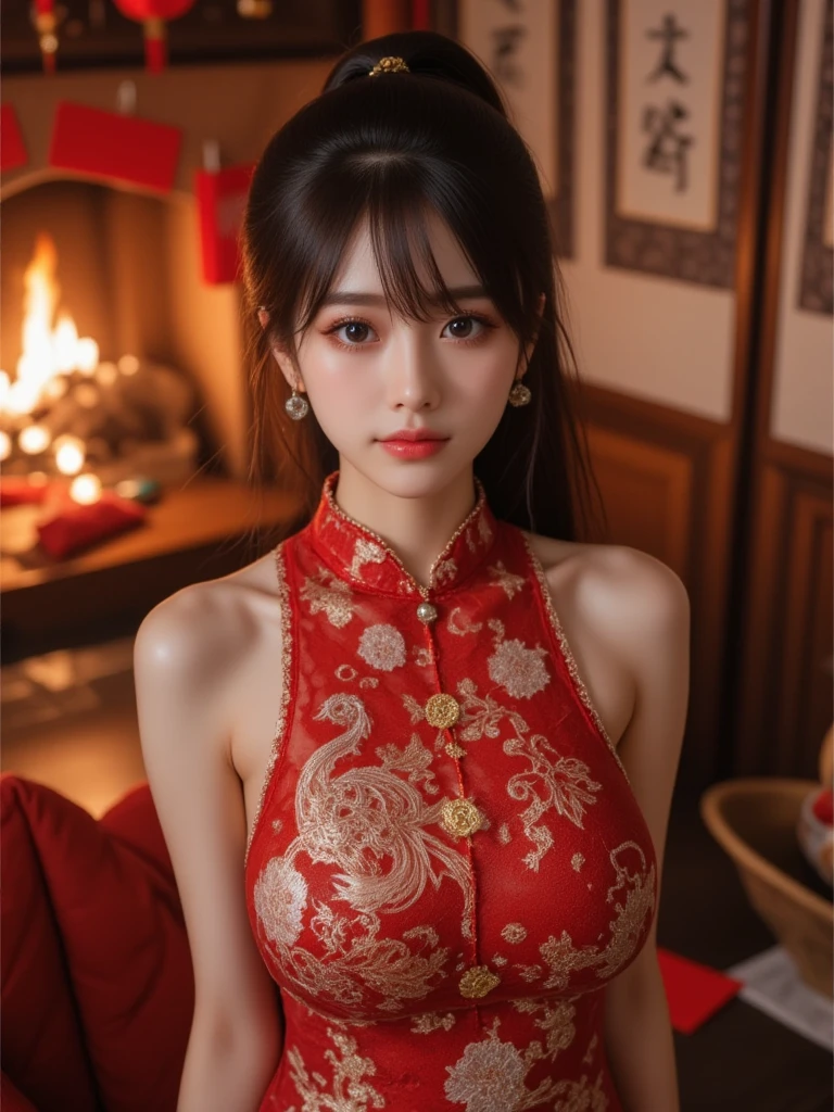 ((top-quality、masutepiece、8K、Top image quality、Highly complex and detailed depictions))、(Describe the upper body of a courtesan:1.5)、Inside a magnificent Chinese garrison、((The most gorgeous prostitute costume、the most luxurious and luxurious、The most luxurious Chinese-style garrison、Luxurious Chinese garrison house that shines red、Full view of the vast interior of the guruhouse in the background、very luxurious chinese architecture、Very complex decoration、Very clear interior of the garrison house))、(View me、Bewitching smile、Perfect makeup、long eyelashes、pink lipsticks、Pink eyeshadows)、(accurate anatomy:1.3)、(accurate and perfect outfit:1.3)、spectacular movie lighting、(Crisp and detailed background:1.3)、soft big breasts