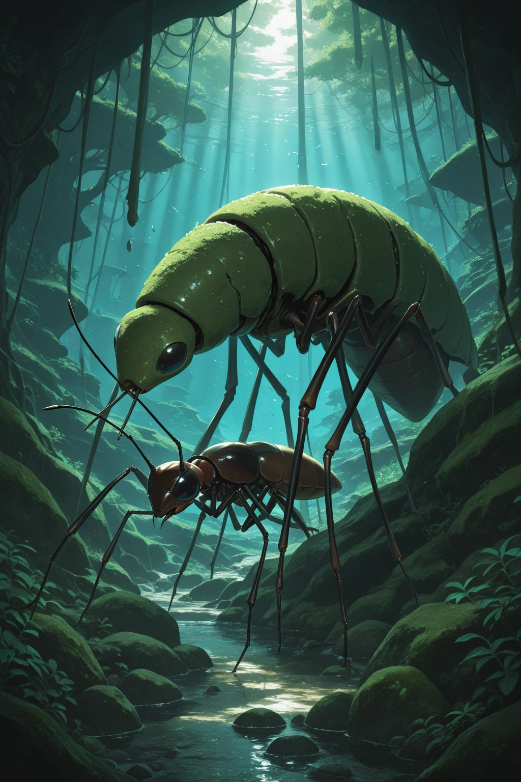 a large creature with transparent antens. Narrow snout for drinking nectar from flowers, curled prehensile tail like a chameleon, leaves and shields on the sides, hiding in the leaves in a lush forest,(highly detailed:1.2),(best quality:1.2),8k,sharp focus,(subsurface scattering:1.1),(award-winning macro photography:1.1) (cute:1.2),Leathery slippery creature with four wings. (very detailed clothes:1.2), (highly detailed background:1.3), chibi, (hyperrealistic:1.2), cinematic lighting, highly detailed,smooth, sharp focus,[(emb-rrf2:1.0):.15]