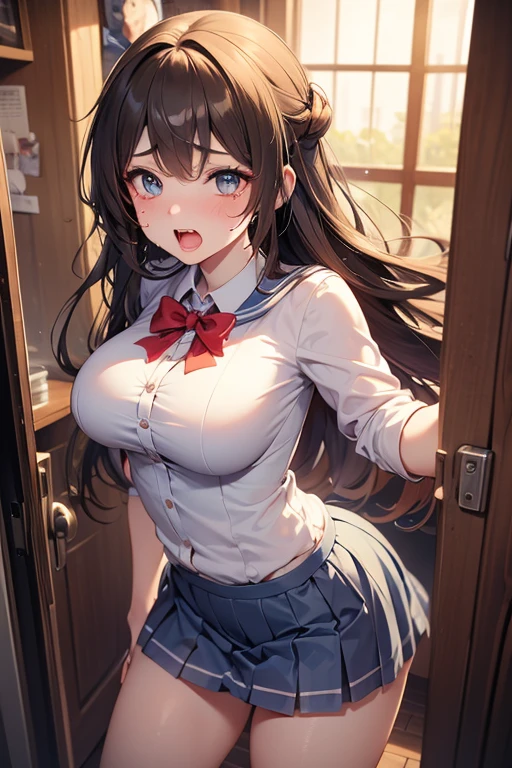 (adult woman:1.3)、exact number of fingers、Exact number of legs、Exact number of arms、bangs, Ribbon Ponytail, brown hair, (blush:1), (A woman puts her right hand inside her pants.:1.7), fingering, (pussy juice:1.2), (A woman is massaging her chest with her left hand:1.6) , ((red bow tie, black jacket, open jacket, white shirt, black skirt, plaid skirt)), (Stylish underwear featuring luxurious details:1.3), ribbon on collar, (Pink horizontal lace panties with plenty of lace:1.3), (pink lace bra:1.2), sexy underwear, Thighhighs、 beautiful big breasts, (erect nipples:0.9), The skirt is riding up、, (shirt lift:0.9), ( show off your bra:0.93), highest quality, High resolution, (fine and beautiful eyes:1.6), highly detailed face, perfect lighting, Very detailed CG, (perfect hands, perfect anatomy),embarrassed look、The expression of someone who is holding back from going to the toilet, (Sexual pleasure expression:1.4), (expression of agony:1.2)、close your eyes、sexy look、look up、mouth half open、climax、(inside the classroom、During class、In front of a large group of students:1.7)、whole body