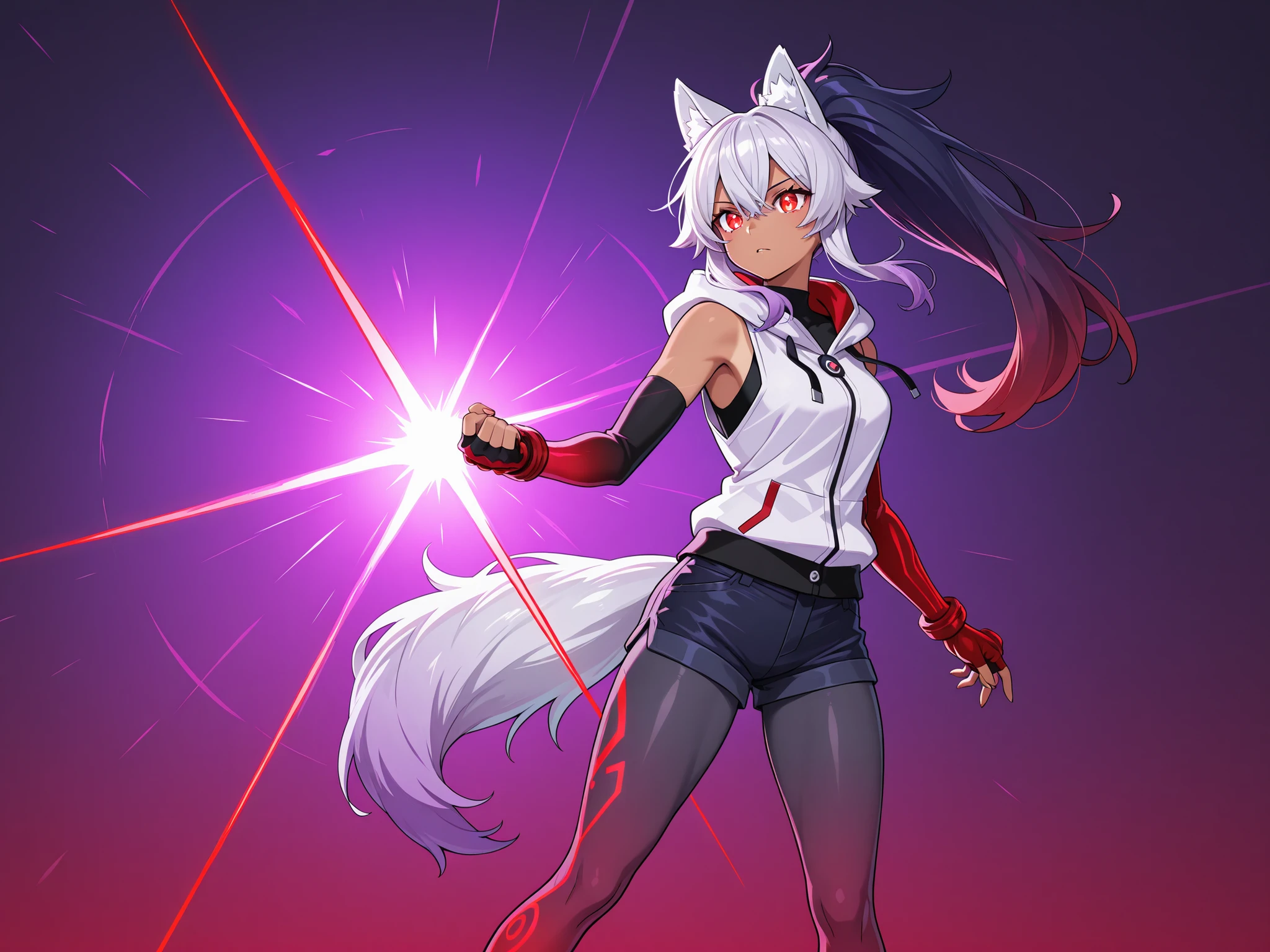 medium tan 1woman, wolf ears, white wolf tail with purple gradient, white purple tinted ponytail hair with purple gradient and purple Ombré, glowing crimson red eyes, white sleeveless hoodie, long black fingerless gloves, black undershirt, dark blue jean shorts, gray long tights, digital anime style