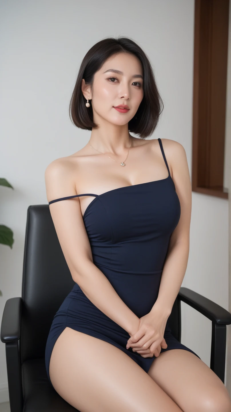 (((Full and soft breasts,)))(((Huge breasts))) (((Cleavage))) (Perfect曲线身材)masterpiece, best quality, high resolution, Reality, RAW photos, 8k wallpaper, Perfect, Professional lighting, Very detailed, Written border depth、 (1 45-year-old Japanese adult:1.2)、(Accurate anatomy:1.1)、(Soft and plump body), Sexy woman, Delicate face, beautiful eyes, Bangs, soft bountiful breasts, (Elegant pure white sleeveless top:1.1)、(Elegant and ladylike navy blue solid tight skirt:1.2)、Perfectなメイク、Long eyelashes、Dark lipstick、Straight short hair, plump beautiful lips, ((Looking at the audience, Smile))、Upper body photo、(Moody Luxury Hotel Bedroom:1.1)、Romantic and warm lights at night