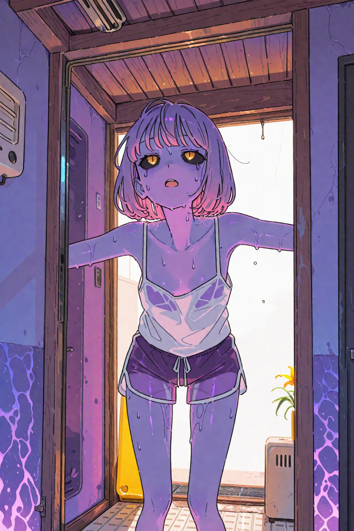 score_9, score_8_up, score_7_up, rating_explicit, <lora:lusi:1>,lusi, no bra,flustered, embarrassed, submissive, through open door,night, dark, looking at viewer, l, masterpiece,  (saliva, rain, drenched,  drenched hair, wet clothing,wet body, wet face,)