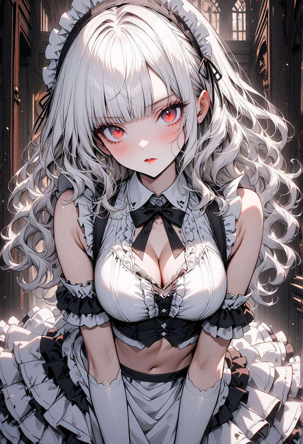 parfect anatomy、top-quality、masuter piece、ultra-detailliert、8k、14years、Correct depiction of the human body、Full Body Angle、Delicately drawn face、Detailed eyes,Beautiful eyes、Infinitely clear eyes、Pretty face woman、Gothic Lolita Fashion、Black Gothic Lolita Fashion、Black and white costume、Beautiful silky silver hair:1.5、Red big hair ornament、Red ribbon hair ornament、Red big hair ornament:1.5、Standing、Front Angle、Full Body Angle、(((blurry backround:1.5、Photography Studio、greybackground:1.5、greybackground、Film Lighting、Professional Photographer)))