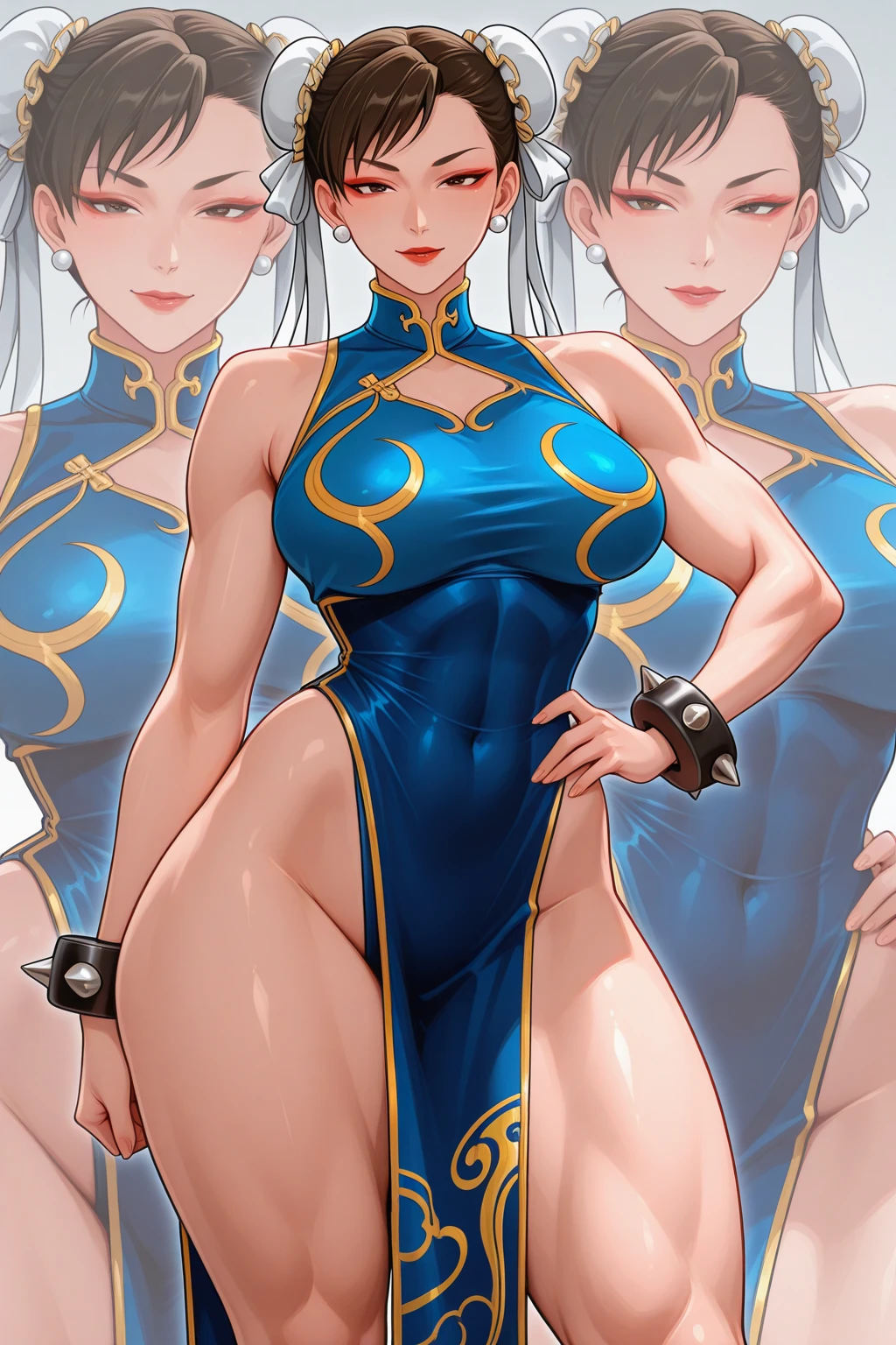 Floral background, Silver hair, Twin-tailed, Long hair, Red Eyes, Large breasts, Standing, Chinese background, Indoors, Solo, (shiny), (blue pvc chinese dress:1.2), Bare shoulder, cleavage cutout, Collar, blue pvc elbow gloves, Blue PVC thigh-high boots, Smile, (Oily skin:1.3), (shiny hair:1.2), (shiny glossy skin:1.2),