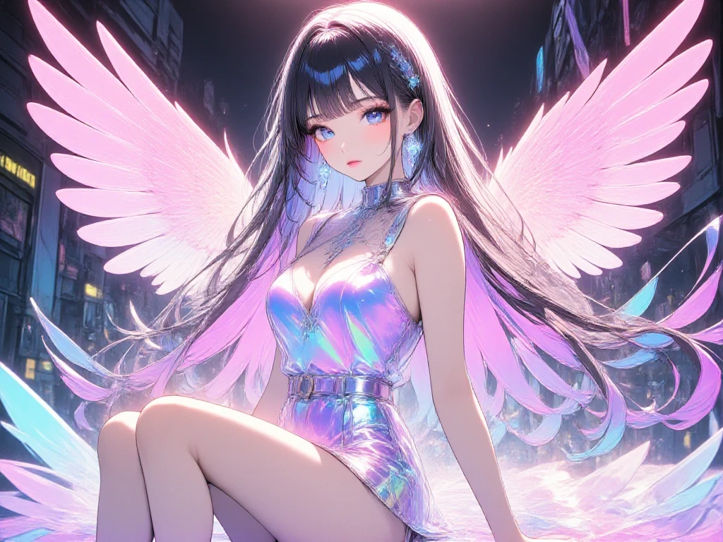 Highest quality,Highest Resolution,Smiling beautiful girl in maid leotard,White angel wings on your back,Halo,High leg,Frills,Knee-high stockings,front,whole body,up,universe,Milky Way,meteor,Very beautiful eyes,