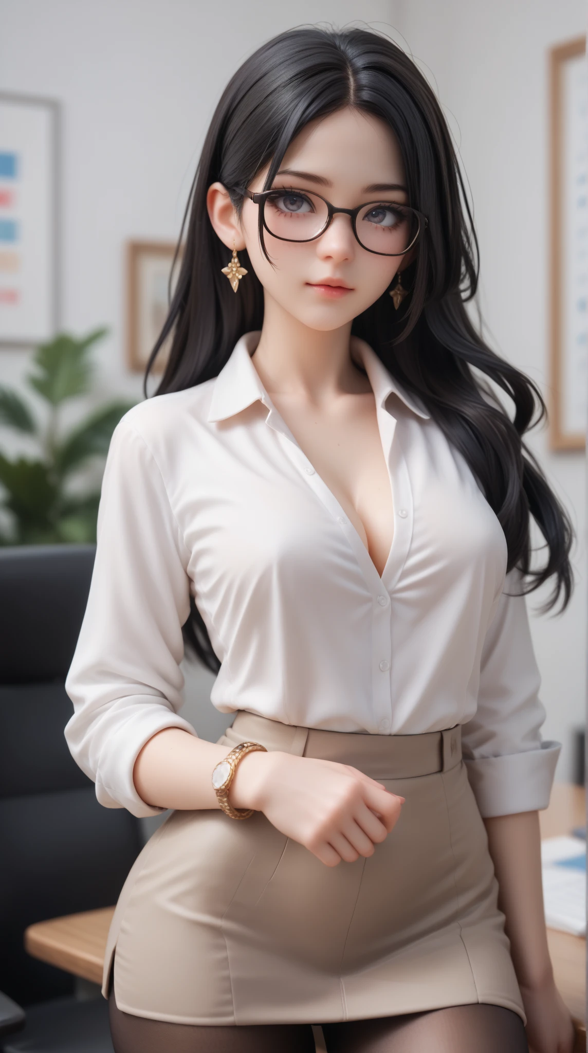 Best quality, masterpiece, photorealistic:1.37, ultra high res, 8K raw photo, 1girl, 19 years old, korean, glasses, beautifull face, beautifull eyes, long hair, black hair, medium breast, secretary outfit, (erotic pose:1.3), seductive, bracelet, jewelry, looking at viewer, in the office, high detailed skin, pore, detailed background, 8k uhd, dslr