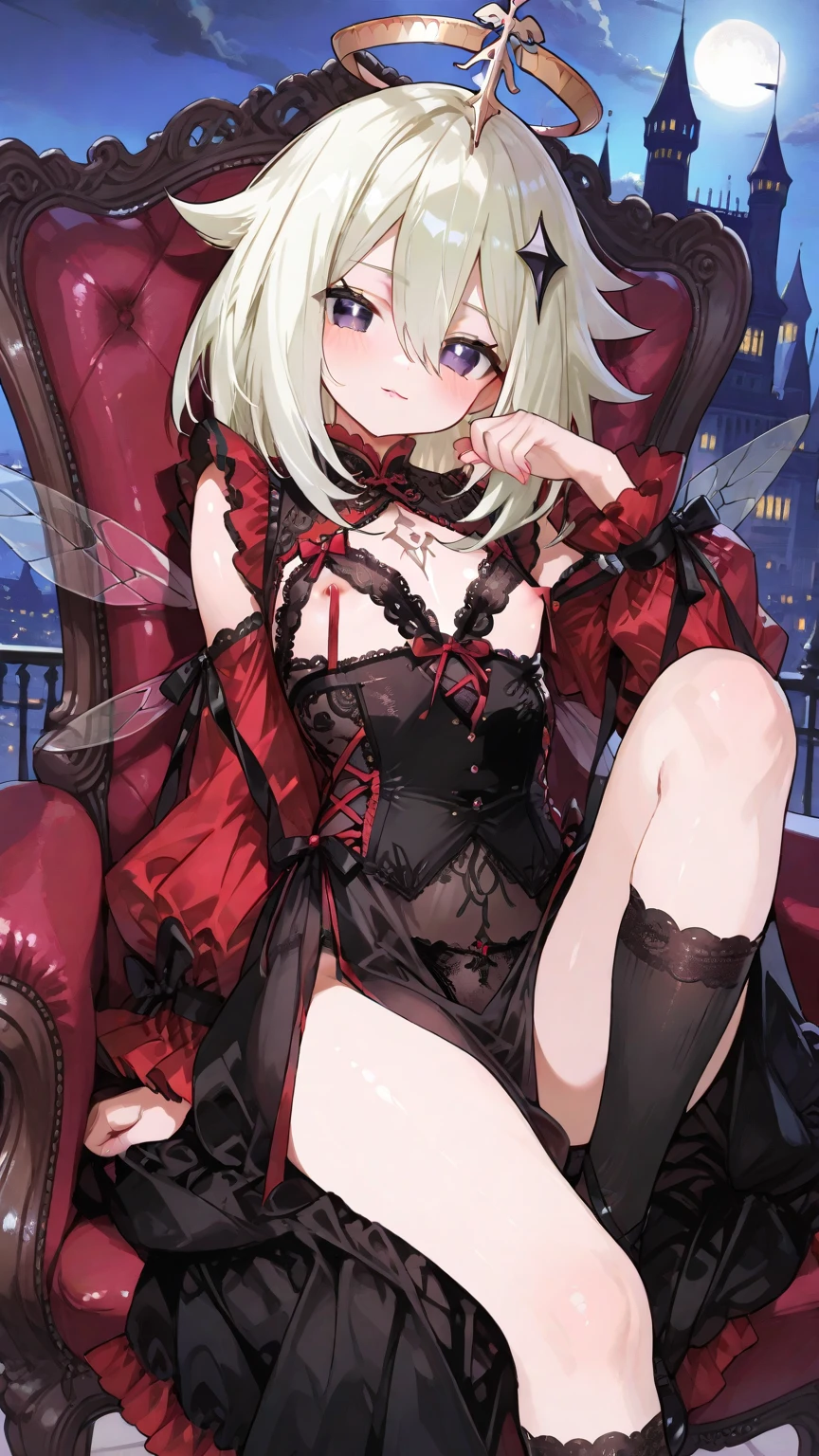 women, White skin, medium breasts, short hair , black chinese dress. black fur, red butterflies around, red ribbon tied to her thigh. whole body, barefoot, two strands of long black braided hair, long red painted nails, green eyes, a butterfly hair ornament, flying body, looking at the viewer.