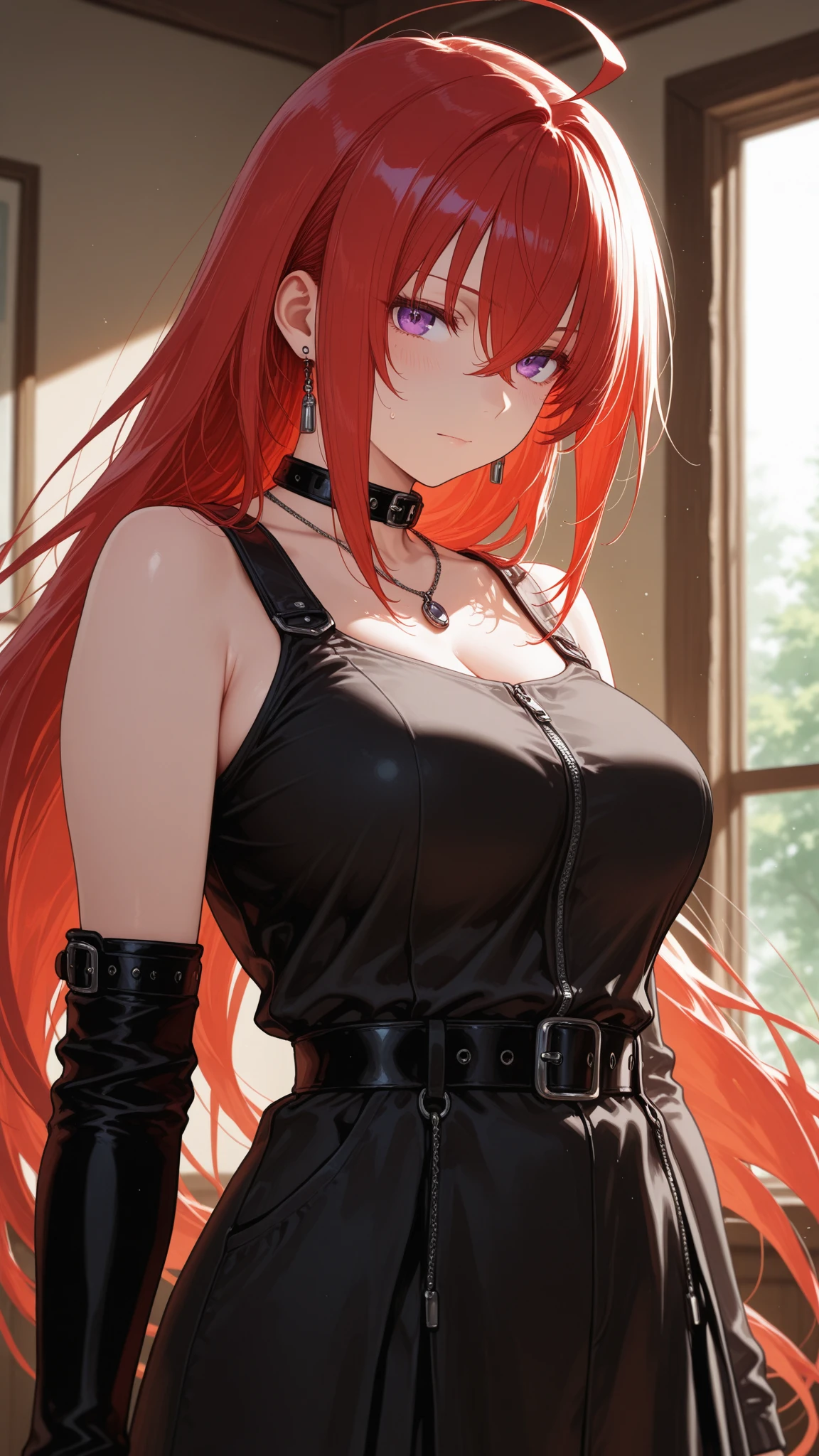 Woman punk long red hair green eyes big breast