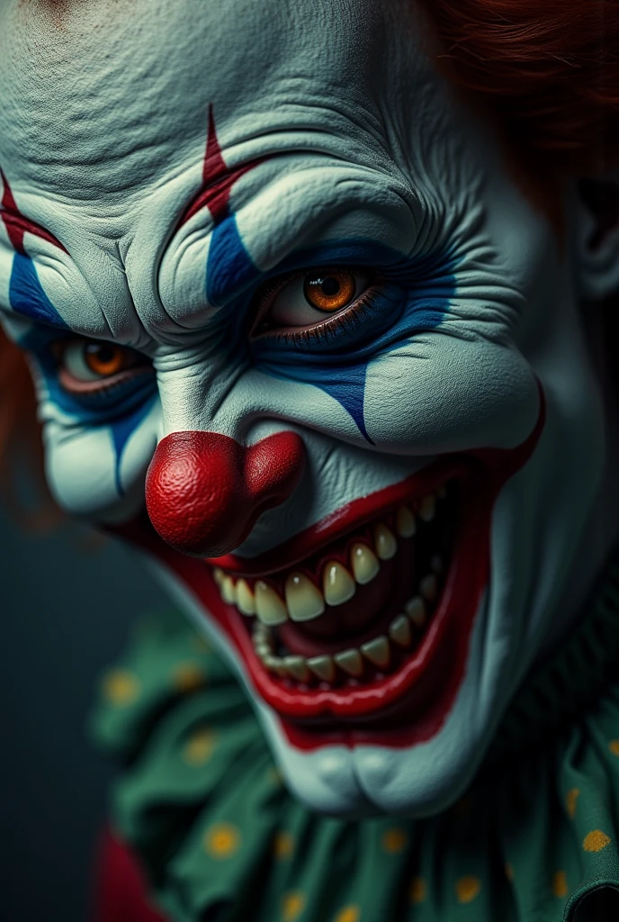 The clown must have big, red eyes, shining with an intensity that seems to penetrate the soul. Your smile must be wide, distorted and sinister, with visible sharp teeth. Makeup must be heavy, with the face painted white, large black circles around the eyes to bring out the red, and a dark red painted smile that extends beyond the natural limits of the mouth. Your hair should be tousled and vibrantly colored., like dark green and purple, adding to its terrifying appearance.