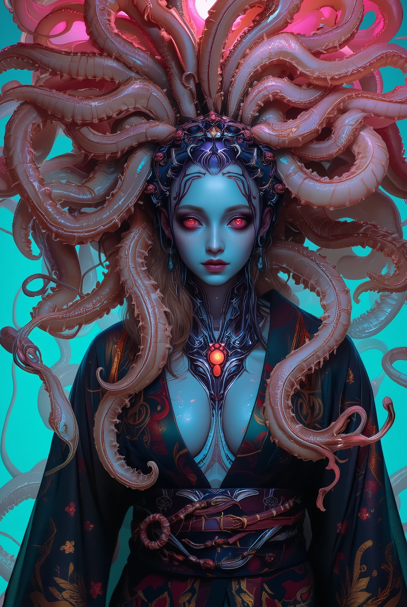 neon colored, (photos realistic:1.7), (1 beautiful and erotic female alien:1.4), (There is a female genital-like organ in the middle of her forehead:1.95), She has medusa-like hair, (there are lots of translucent tentacles from her head like her hair:1.5), wearing kimono, (vulgarity1.7), (she is looking down at viewers with glowing red eyes with no pupils:1.6), (She has translucent pale skin:1.4),(She has the most beautiful face in the history of the universe:1.2), (She has multiple bioluminescent organs on the side of her tentacles:1.4), (Her body is covered with an iridescent exoskeleton:1.4), (She is showing her arm pits:1.6), an evil gaze that seduces, (looking down at viewers:1.4), (bio luminescent:1.4), (Smile wickedly:1.3), (ypose:1.4), cells are fused, extraterrestrial, cell, bio image, ultra high resolution, Beautiful eyes with fine symmetry,(Highly detailed face and eyes:1.2),(Super detailed skin quality feeling:1.4), perfect anatomy, (Beautiful toned body:1.5), (Moist skin:1.2), not wearing makeup, (dark circles:1.1), cinematic drawing of characters, cinematic quality, (exquisite details:1.2), high resolution, High freshness, drawing faithfully, official art, Unity 8K Wall paper, ultra detailed artistic photography, midnight aura, unreal engine 5, Ultra Sharp Focus, art by MUCHA, art by Amano Yoshitaka, ArtGerm, ultra realistic realism, dream-like, Creation of (Numerous award-winning masterpieces, with incredible detail, textures and maximum detail), Dramatic Lighting, cinematic quality, (exquisite details:1.2), High freshness, drawing faithfully,, dream Snail, (biopunk nautilus:1.3),Thrilling color schemes, seductively smiling, Amazing mutation, well-proportioned body, goddess of the deep sea, fractal, Geometric pattern, impossible figures, subtle emerald green accents, (expression of ecstasy:1.5),