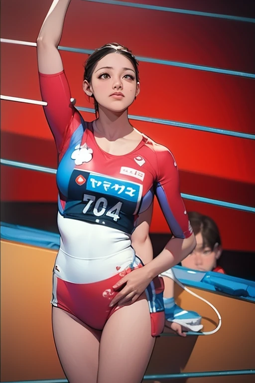 (8K, Raw photo, Best Quality, masutepiece:1.2), (Realistic, Photorealsitic:1.37),1 girl,Cute, (Solo),A detailed face, Dramatic Angle,
,Gymnastics uniform,Look away,Sporty,Wet skin,Sweat,Large breasts,Nice Legs,Gymnastics venue ,