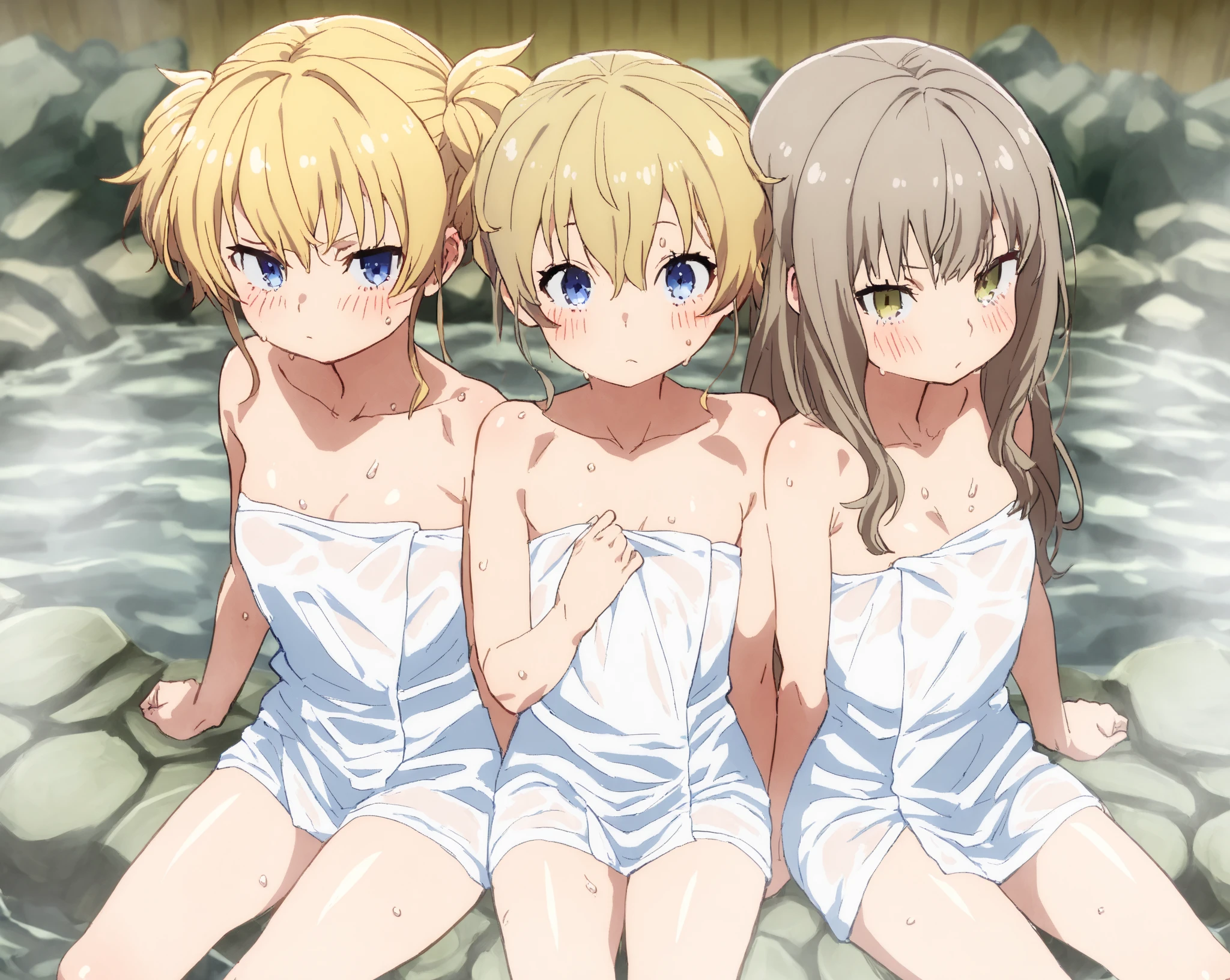 (2girl,young 2girl ,short stature,gyaru)) ,flat chest,nsfw,plump,onsen,nude towel,stand,big head、Taunt、Teasing、evilsmiling