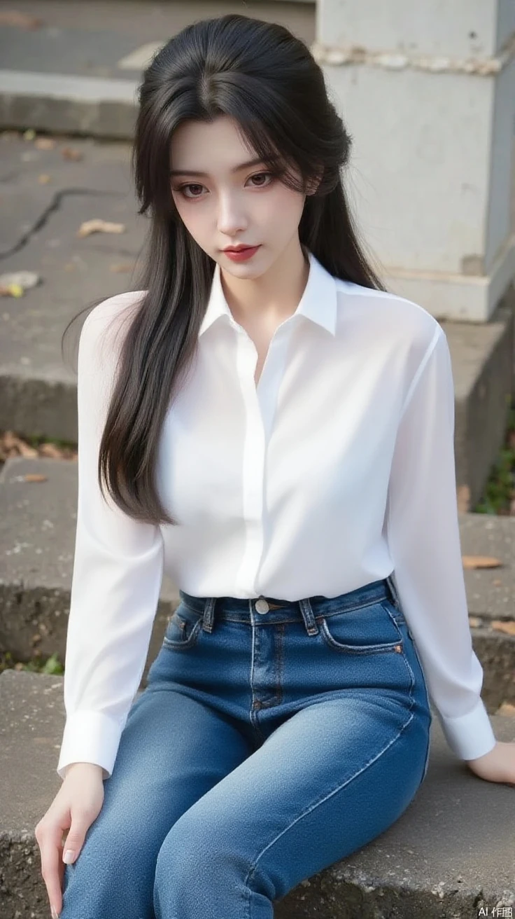 Photorealistic, masutepiece, Best Quality, Raw photo, 1girl in, Solo, Long hair, Brown hair, Detailed face, alluring face, mournful smile、From thigh up、Collared shirt, medium breasts, Dynamic Pose, Looking at Viewer, From below, Detailed background, fine detailed, intricate detailes, Ray tracing, depth of fields, lowkey, nffsw