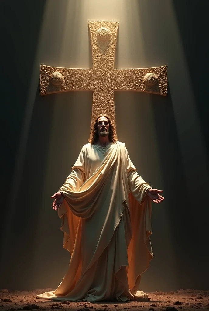 an art written “You are” in Portuguese with a red background, with Jesus with open arms drawn behind and a cross
