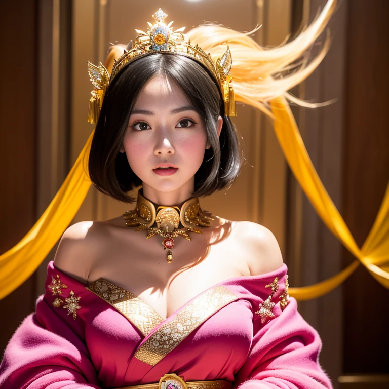 (masutepiece), Professional , masterpiece、top-quality、photos realistic , depth of fields (Gemstone Silver Metal Body:1.9),(Matte Pink、Jewel Gold Weapon(Jewel Metal Body:1.4),Gorgeous metal weapons、(Gorgeous Brave Armor) , Detailed Sword of the Brave , Beautiful knife ,warhammer 40k , adepta sororitas,Detail and ornate jewel crown、Black hair、Gangle's forest background、Beautiful Caucasian beauty、1a person、dynamic ungle,(((Detailed and ornate diamond crown)))、Smaller face、A smile、Take a sexy pose、Background inside the castle、Thin and beautiful female hands、
